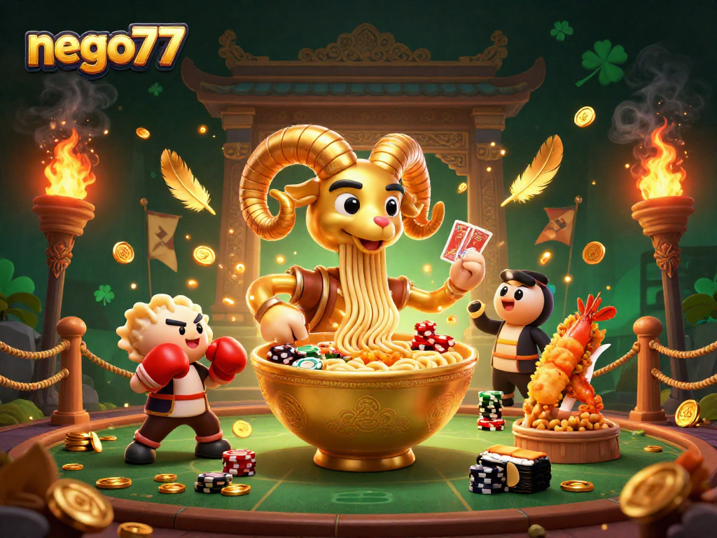 Engage in thrilling gaming at nego77 with a vibrant casino scene featuring a ramen bowl dealer.