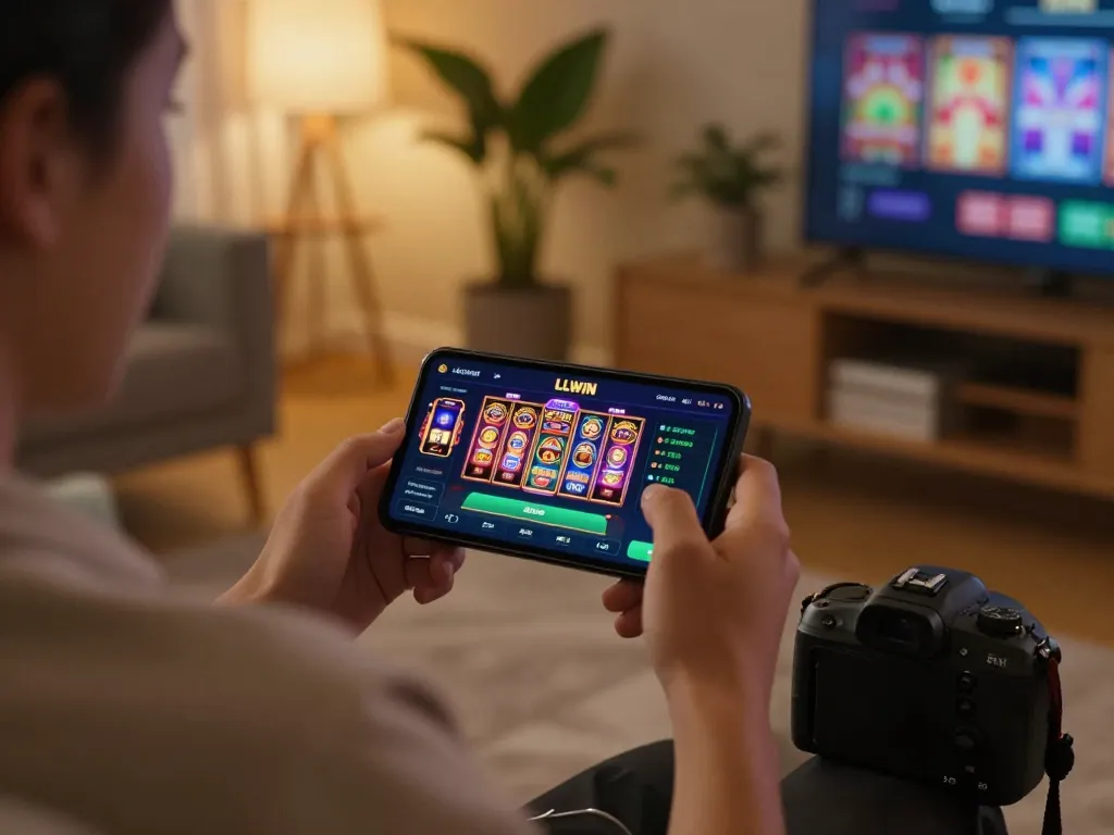Engaging scene of a player experiencing the LLWIN casino app on a smartphone in a cozy home setup, showcasing responsible gaming and strategic play.