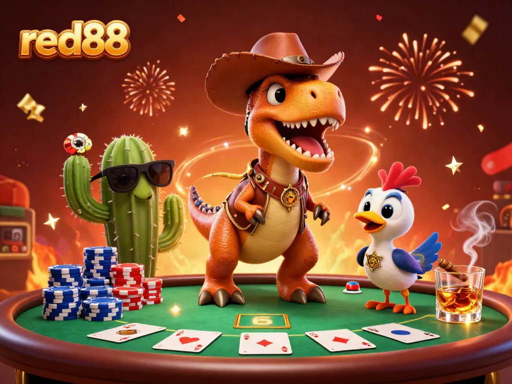 Engage in thrilling poker battles with red88, featuring festive characters in a vibrant casino atmosphere.