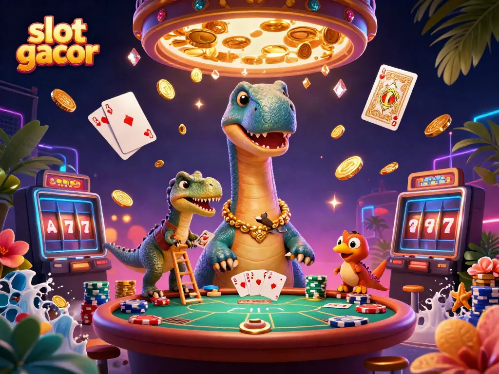 Experience thrilling slot gacor action with a vibrant casino scene featuring a dinosaur and dynamic gaming elements.