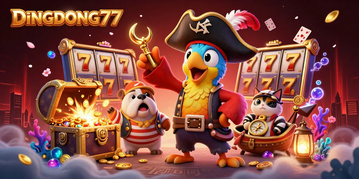 DINGDONG77 showcases exciting slot game action with a parrot captain and treasure-filled scene.