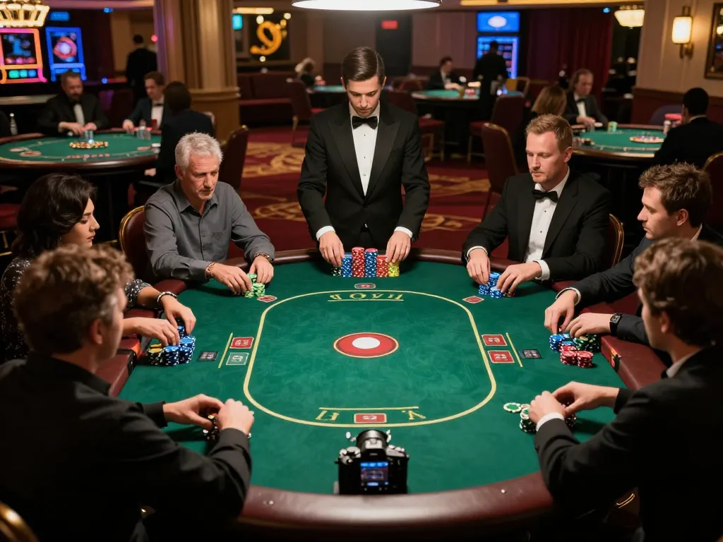 Engaged players strategizing in a high-stakes poker game at the MPO08 Link casino, showcasing intense gameplay and vibrant atmosphere