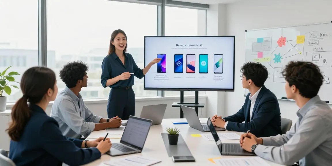Team brainstorming business mobile deals UK in a vibrant corporate office.