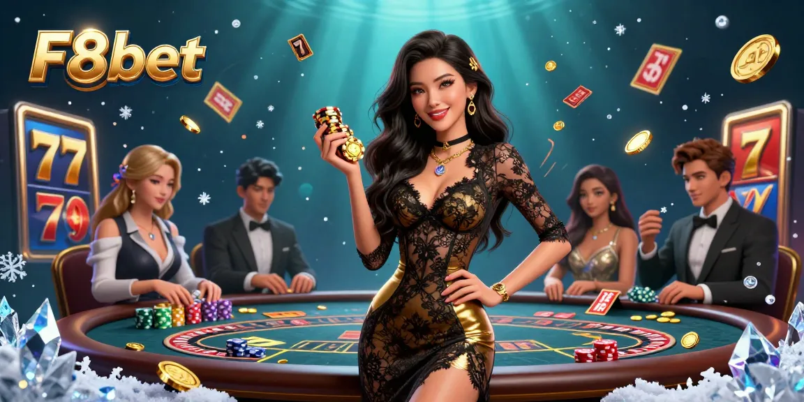 Experience high-stakes gambling with F8bet at a luxurious baccarat table surrounded by vibrant casino elements.