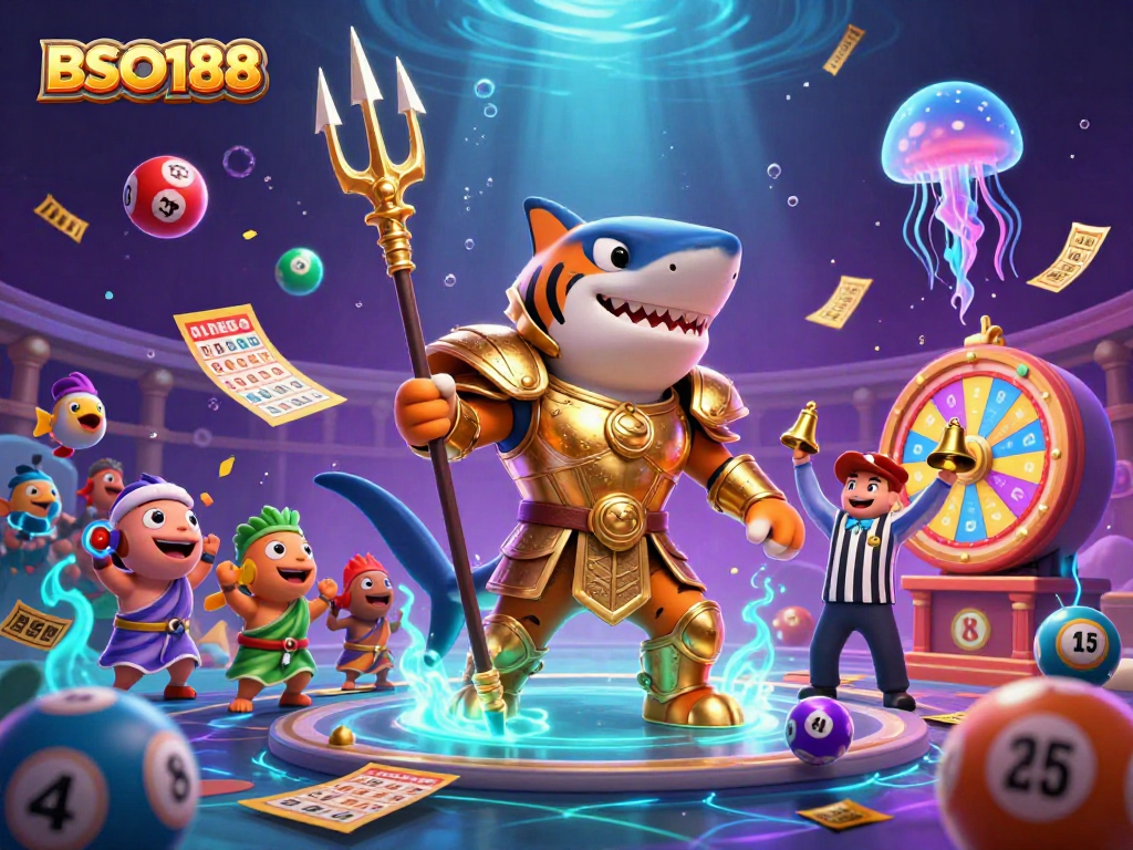 Experience thrilling jackpots with BSO188 as a tiger shark in gladiator armor defies underwater gamblers.