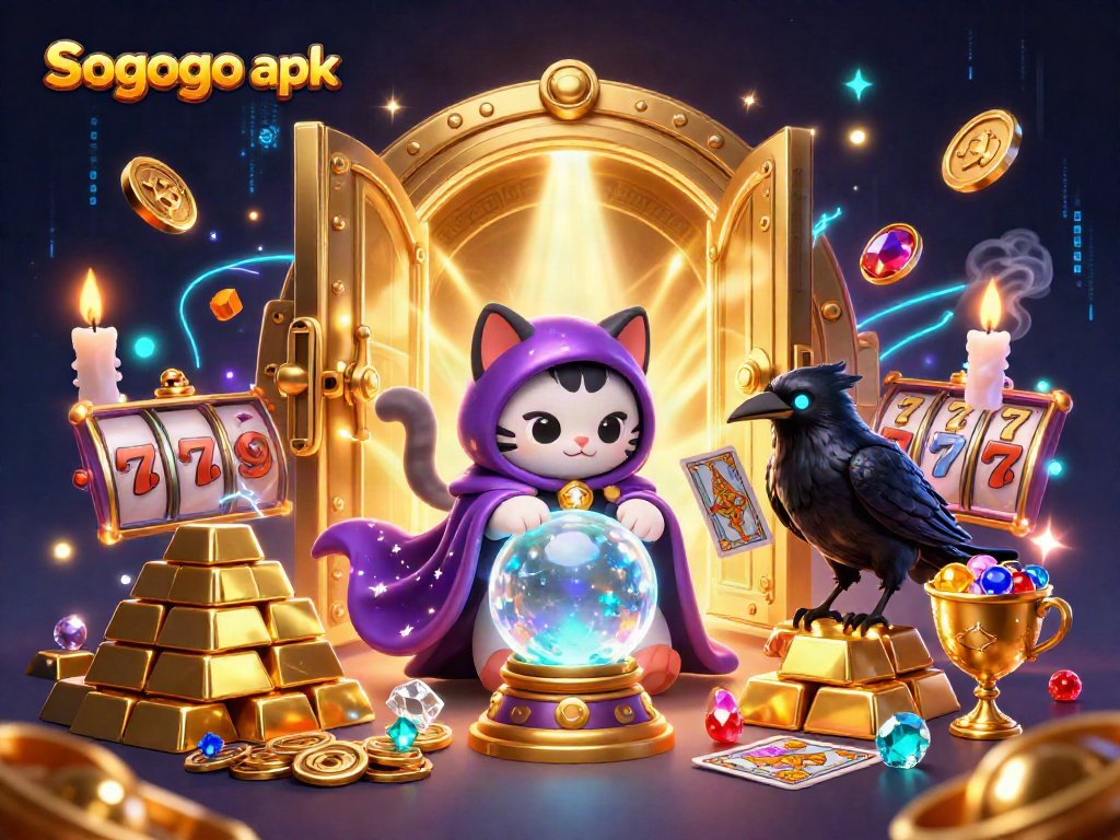 Sogogo apk illuminates luck in a vibrant casino scene featuring enchanting characters and dazzling treasures.