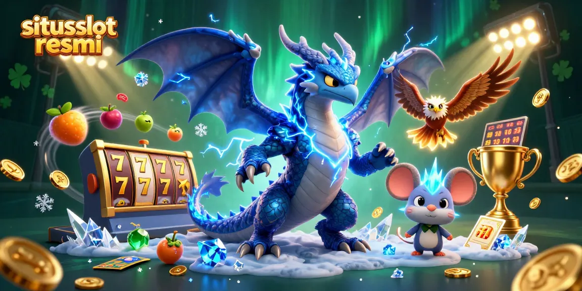 Engage in thrilling gameplay at situs slot resmi with a dynamic scene of a powerful dragon, hawk, and thunder mouse amidst vibrant casino elements.
