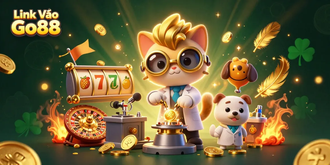 Link Vào Go88 showcases a vibrant 3D scene with a mad scientist cat and dog amidst casino elements like slot reels, capturing an exciting gambling atmosphere.