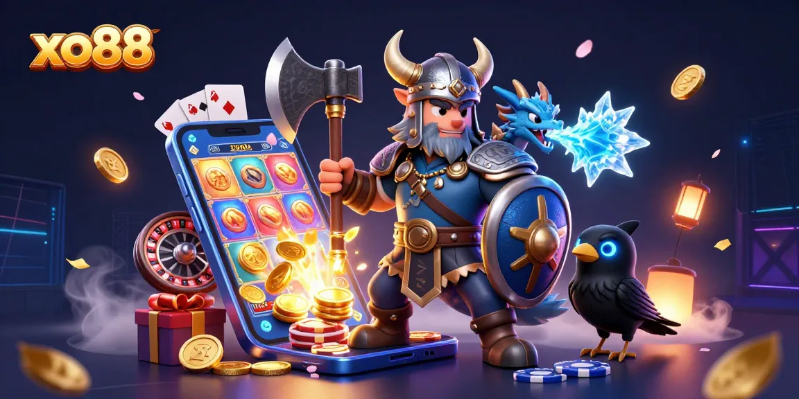 Experience thrilling gaming with xo88's Viking warrior, dragon, and casino elements converging in excitement.