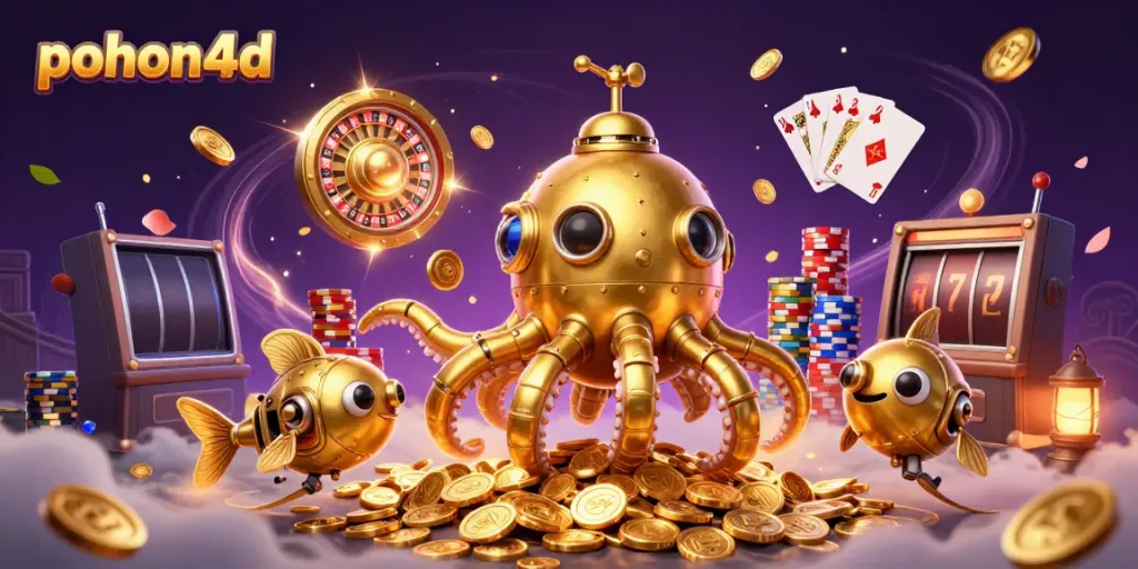 Pohon4d enhances online gaming with a vibrant illustration of a golden kraken submarine amidst casino elements.