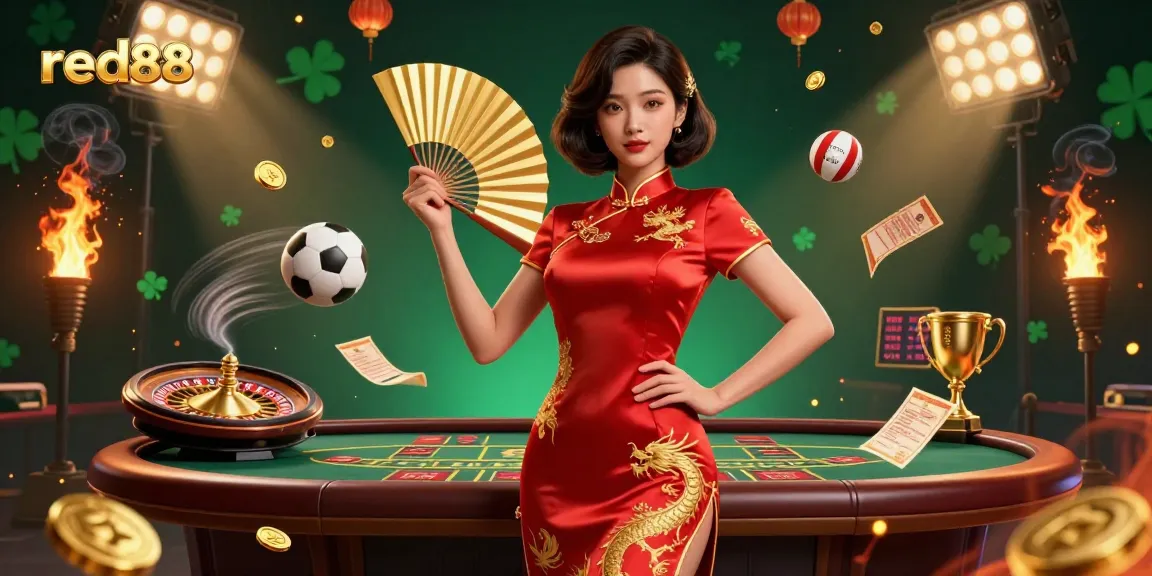 Experience the excitement at red88 with a stunning illustration showcasing sports betting, casino games, and vibrant celebrations.