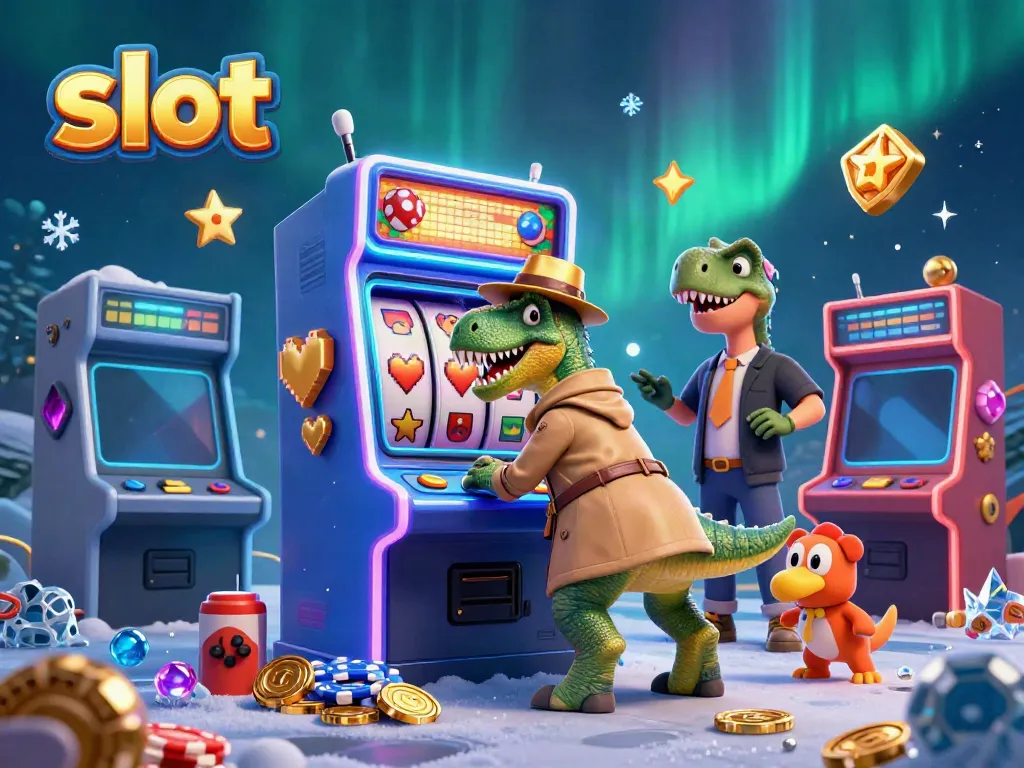 Engaging 3D illustration depicting a colorful slot machine with dynamic characters in a lively casino scene.