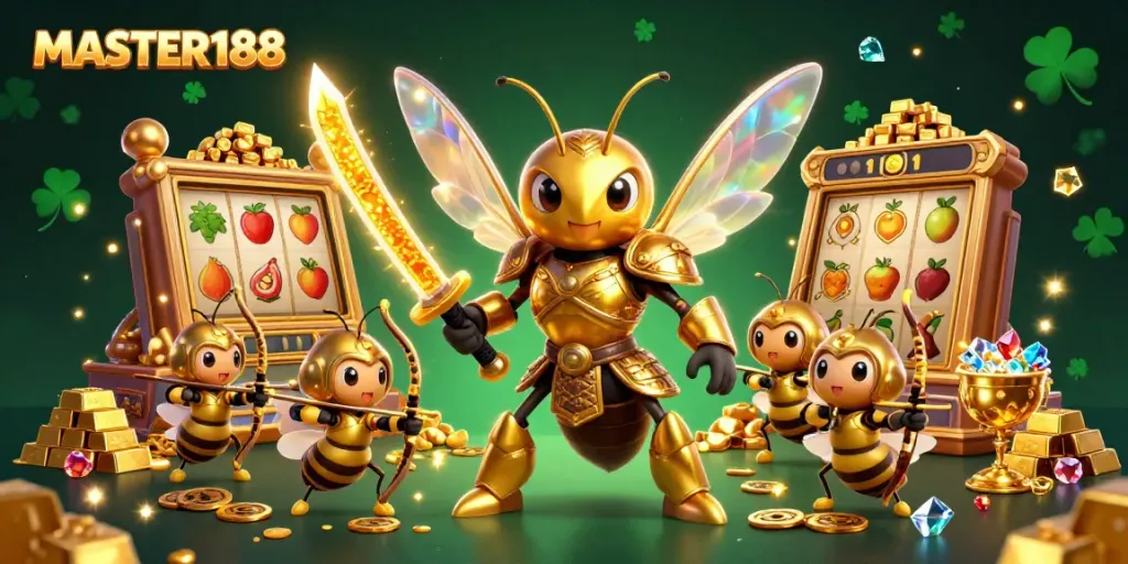 MASTER188 showcases a vibrant online casino experience with high RTP games, golden treasures, and engaging characters.