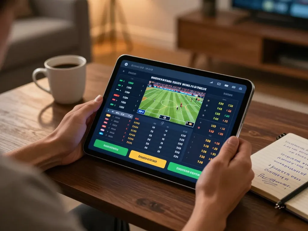 Giocatore coinvolto che controlla le quote dei bookmaker non AAMS su un tablet in un'accogliente sala da soggiorno