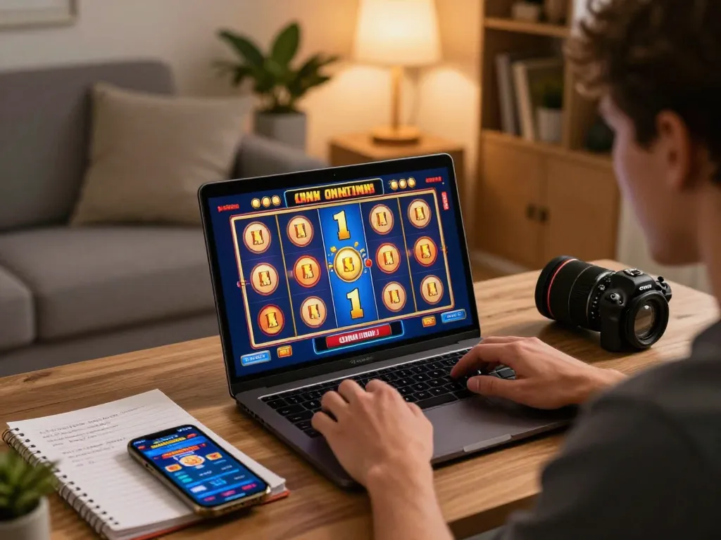 IDC88 JOKER player enjoying slots on a laptop in a cozy living room while practicing responsible gaming.