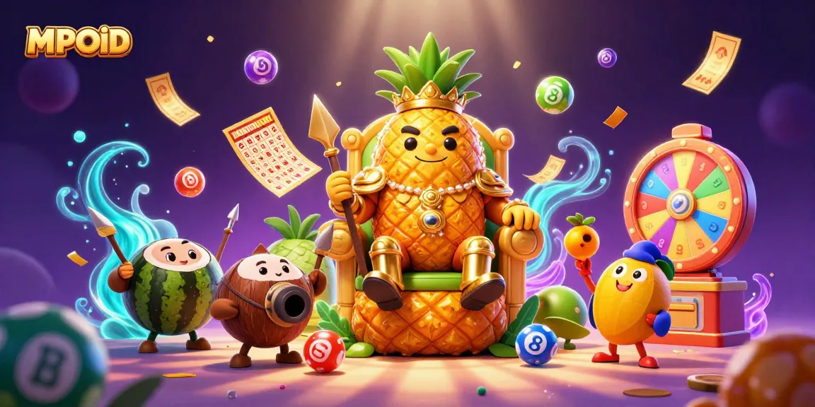 MPOID brings excitement with colorful lottery balls and a golden pineapple king illustration.