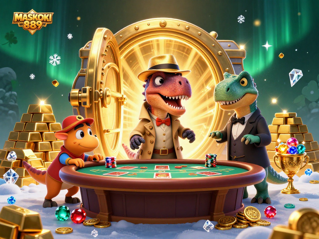 Join the action with MASKOKI889 at the blackjack table featuring a velociraptor and a stegosaurus.