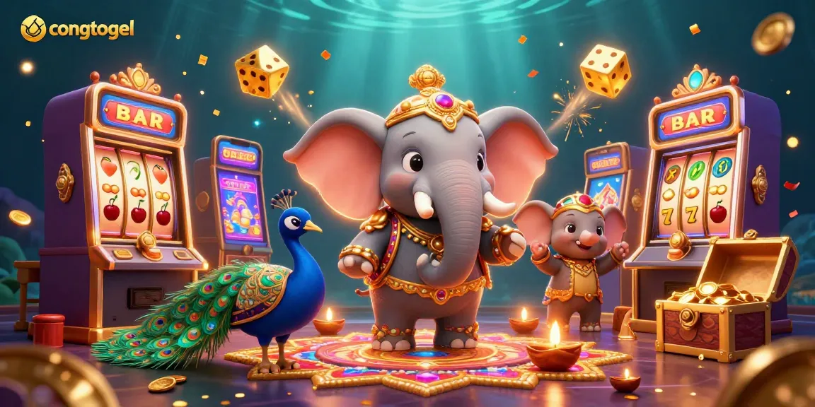 Experience congtogel thrills with a vibrant 3D scene showcasing colorful slots, a decorated elephant, and rich casino elements.