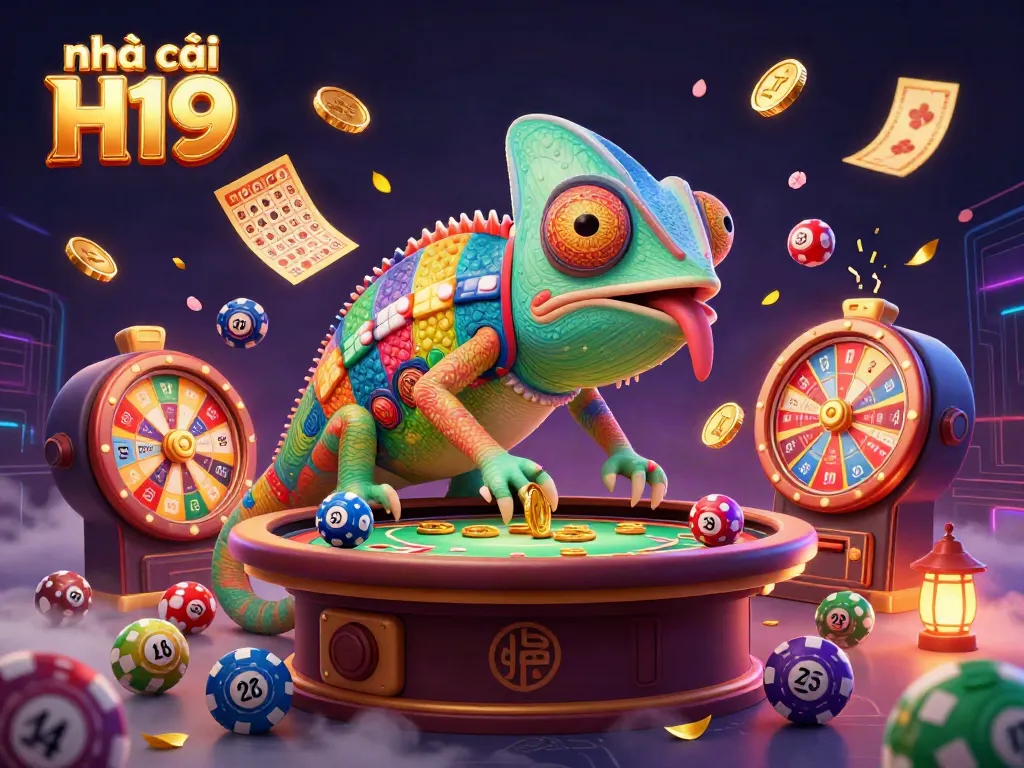 Win big with the dynamic nhà cái H19 casino illustration featuring vibrant games and a whimsical chameleon owner.