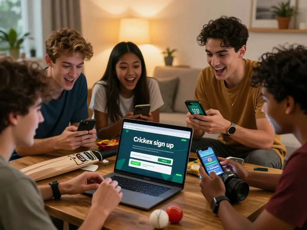 Enthusiastic friends engaging in Crickex sign up process together, excitedly checking odds on a laptop and smartphones in a cozy living room.