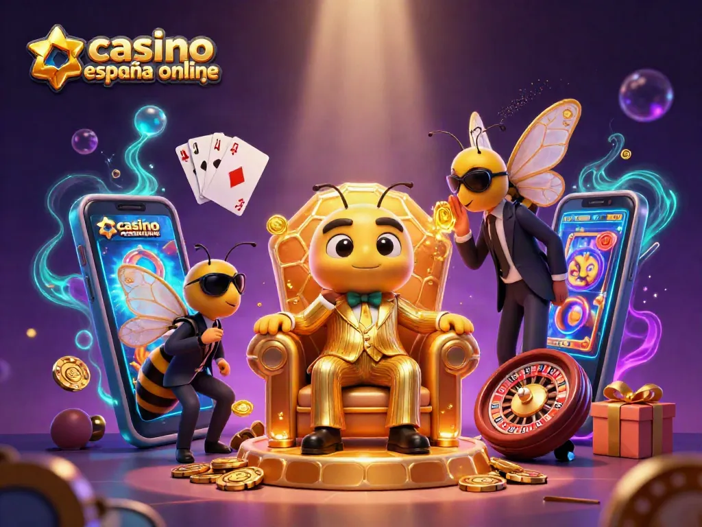 En esta ilustración, un casino españa online brilla con un abdominalista abejorro y personajes de juego que te envuelven.