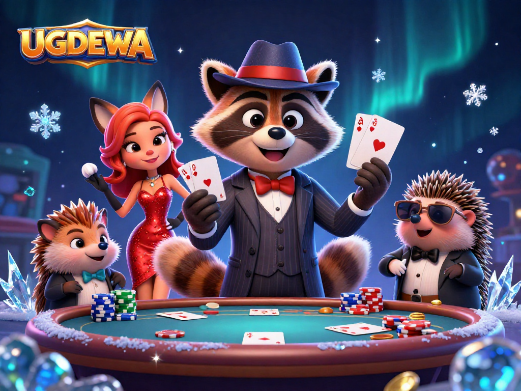 Engage with UGDEWA's colorful casino scene featuring poker elements and whimsical characters.
