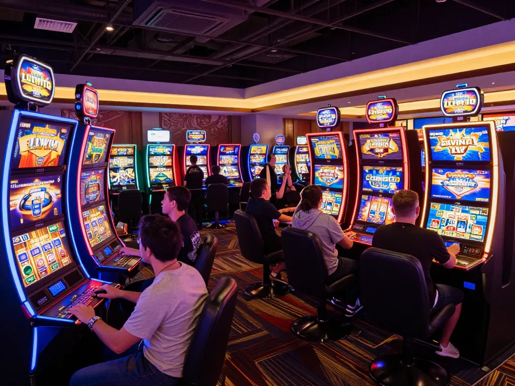 Players enjoying a lively slot machine experience at LLwin casino, showcasing the vibrant atmosphere.