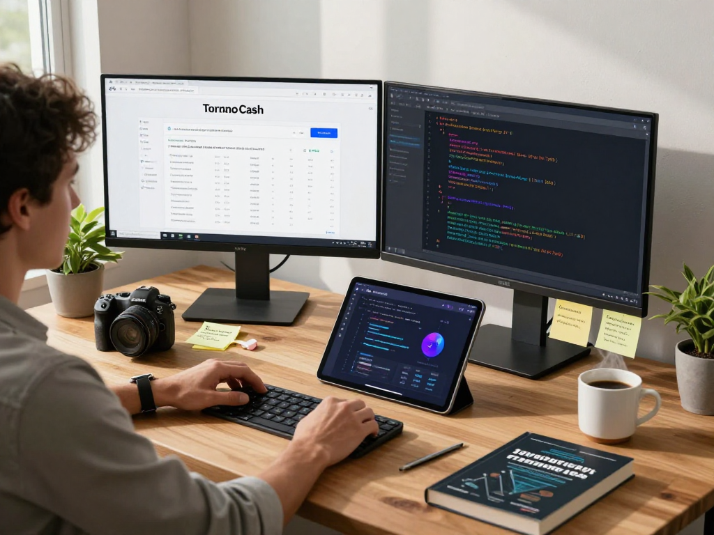 Crypto enthusiast analyzing Tornado Cash transactions in a modern DeFi workspace