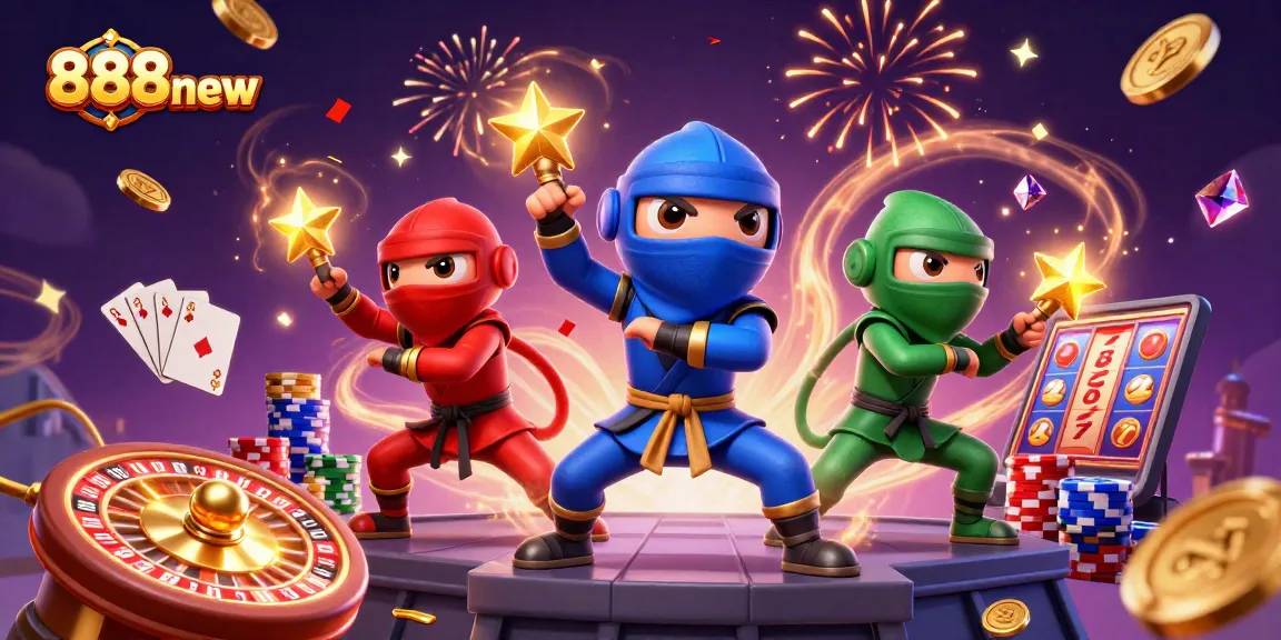 Experience the thrill of 888new with a dynamic illustration of ninja chameleons in a vibrant casino scene.
