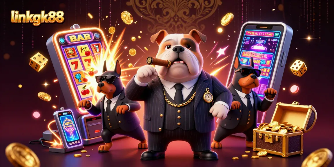 Join the excitement at linkgk88 with a dynamic illustration featuring a mafia bulldog and casino themes.