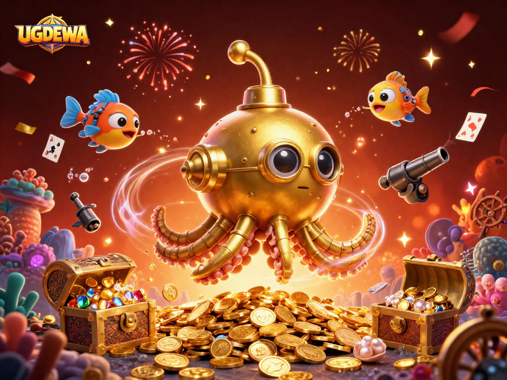 Play exciting games at UGDEWA with a vibrant 3D casino illustration featuring adventure elements.