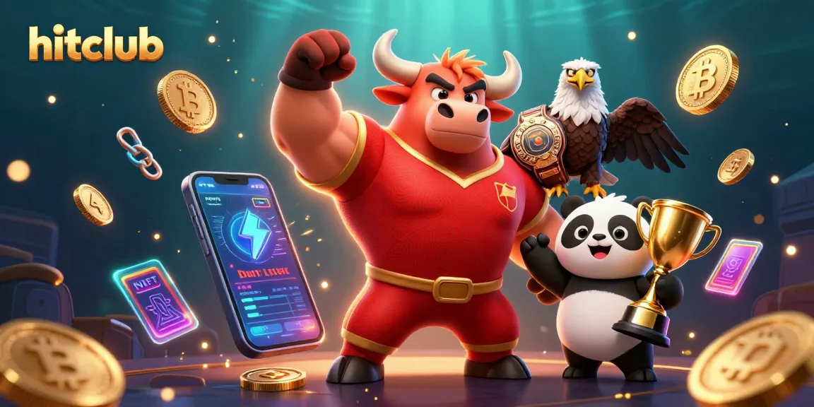 Hitclub showcases dynamic casino elements with a bullish mascot, eagle, and trophy.